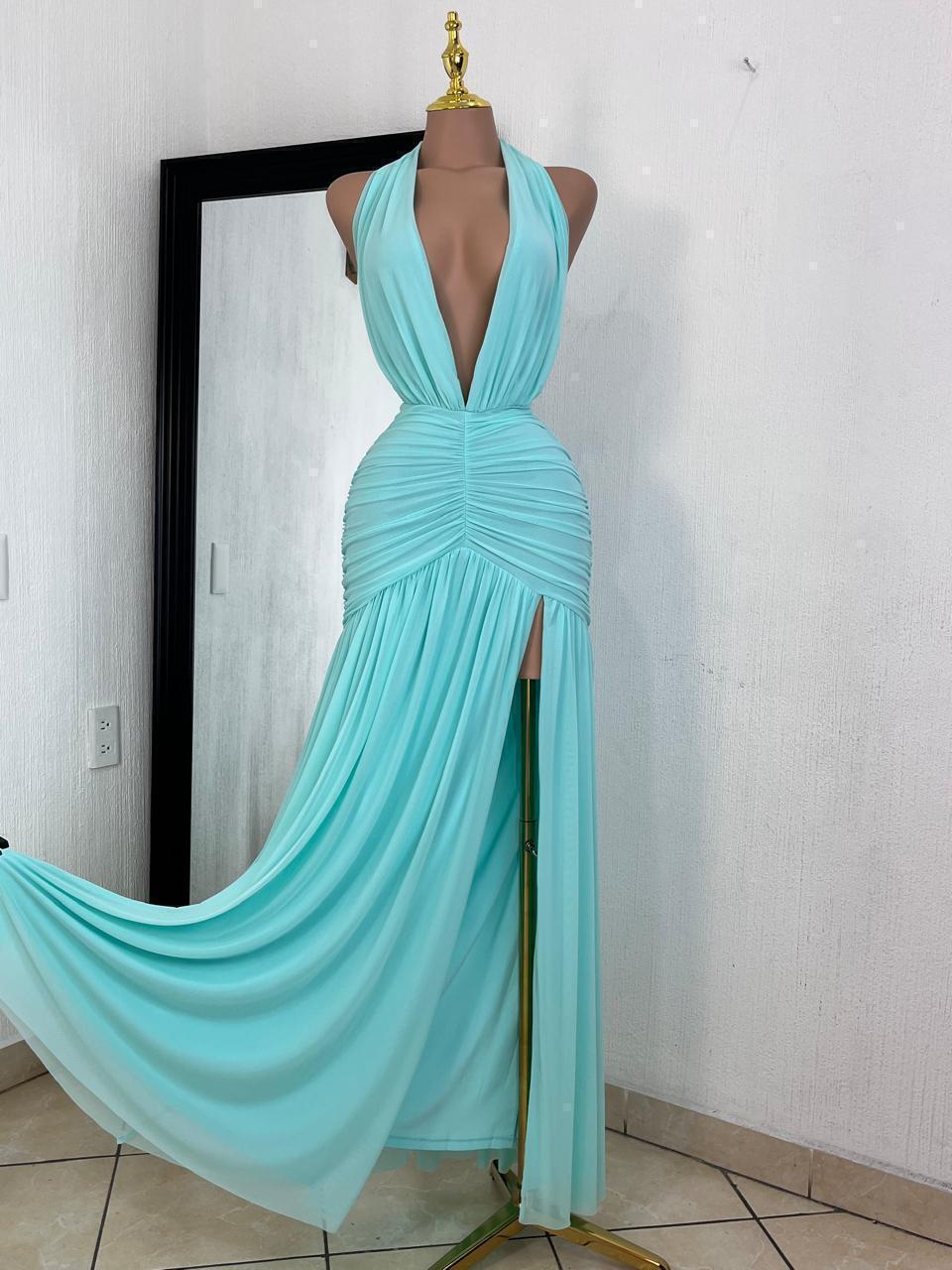 Vestido maxi sirena aqua celeste look completo MB Mayte Barrera