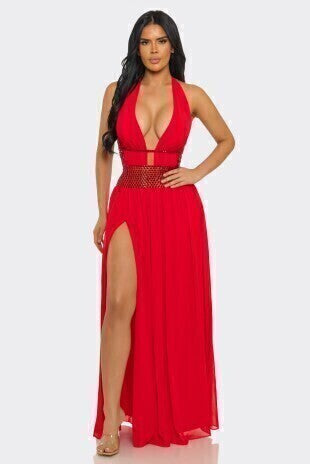 Vestido maxi escote profundo detalle de tela y acabado