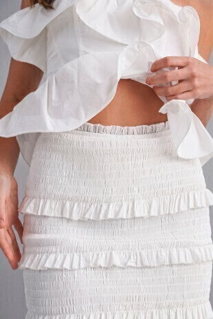 Set dos piezas ruffle off white look de noche completo