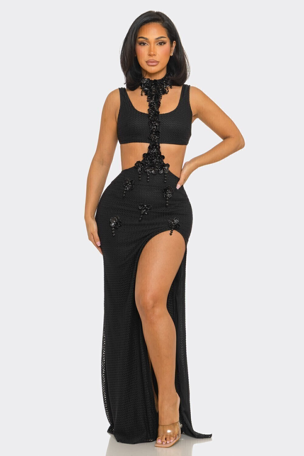 Vestido largo cut out black luxe detalle de escote