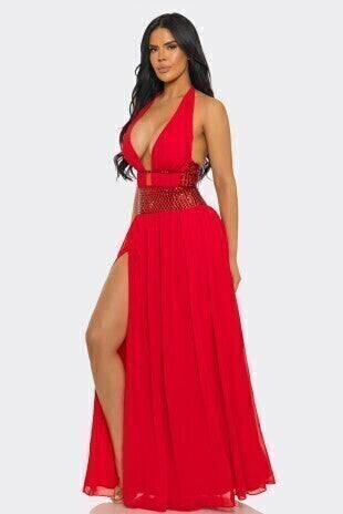 Vestido maxi cintura decorada detalle angular MB Mayte Barrera