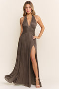 Vestido Maxi Halter Plisado con Abertura 261065