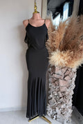 Vestido largo negro sirena tirantes detalle de gasa frontal