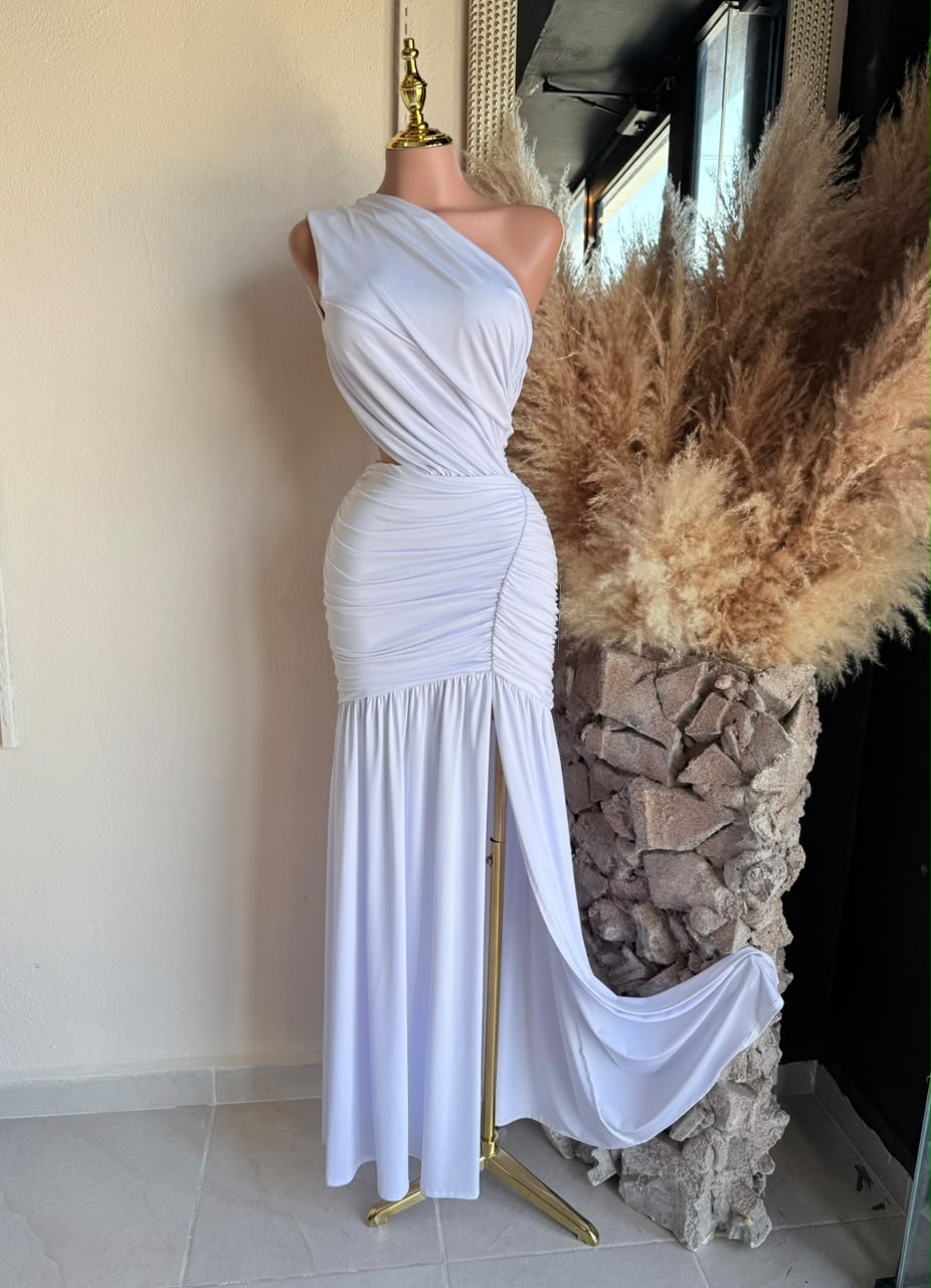 Vestido Largo Blanco Drapeado de Un Hombro 261144 imagen 1 MB Mayte Barrera