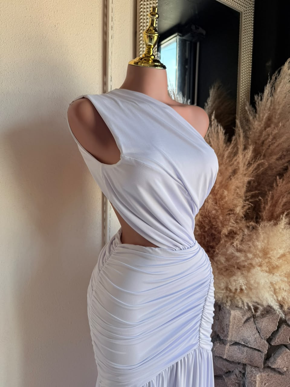 Vestido Largo Blanco Drapeado de Un Hombro 261144 imagen 5 MB Mayte Barrera