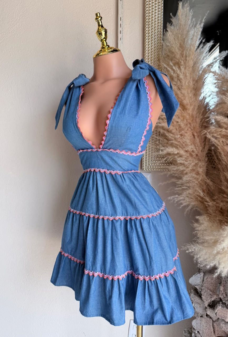 Vestido Azul con Lazos y Falda de Olanes 261464 imagen 5 MB Mayte Barrera