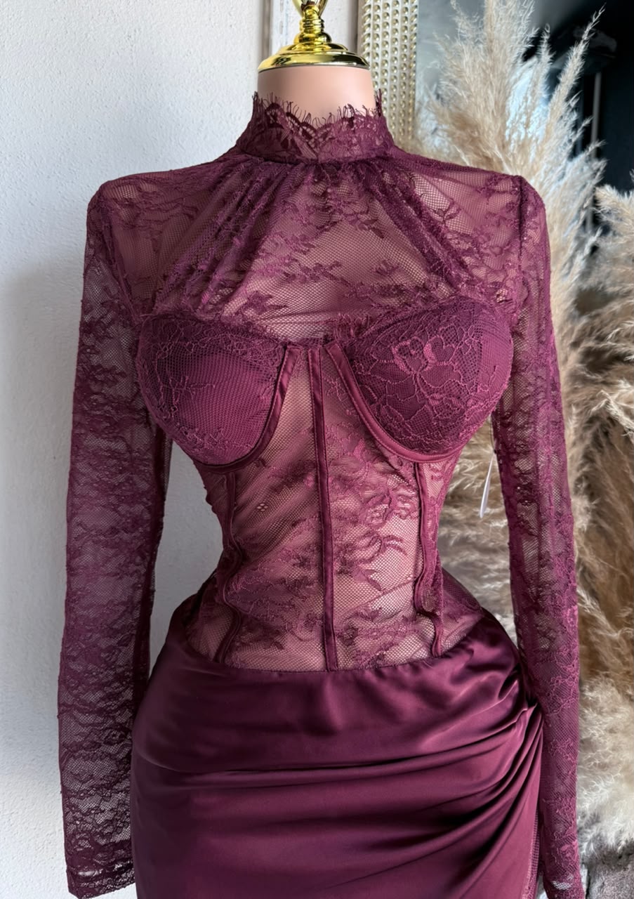 Vestido Vino de Encaje con Corset Drapeado 261745 imagen 3 MB Mayte Barrera