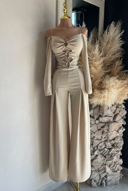 Jumpsuit beige vista frontal completa MB Mayte Barrera