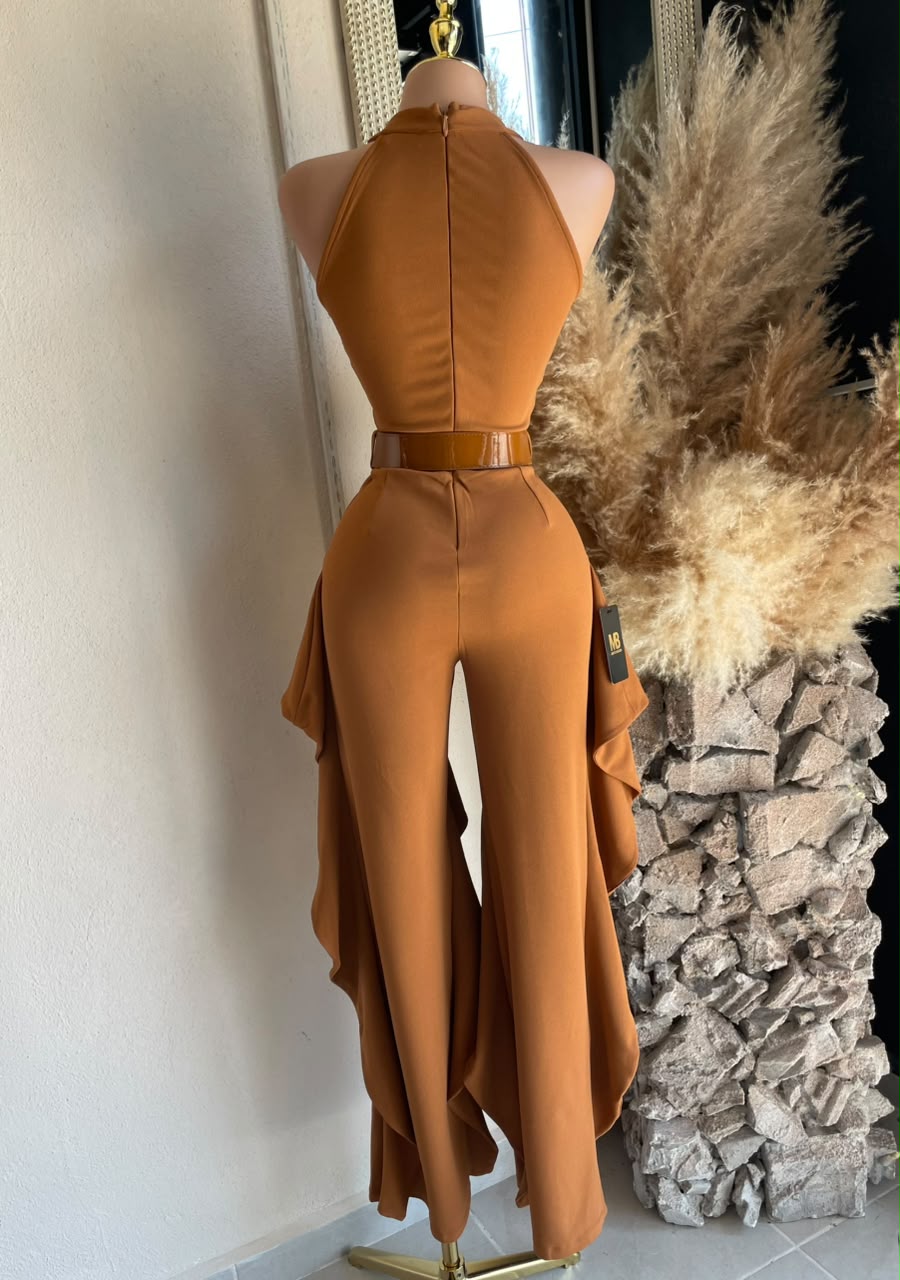 Jumpsuit coñac 261967 detalle de tela y acabado