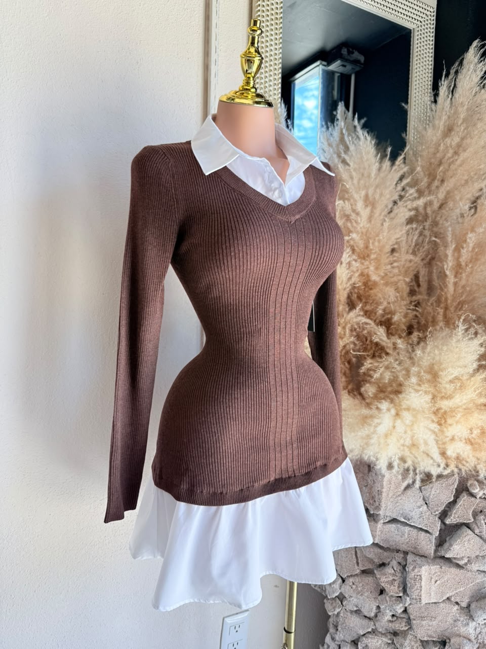 Vestido Mini Café 2 en 1 Rib con Contraste Blanco – Vestido para Mujer 262017
