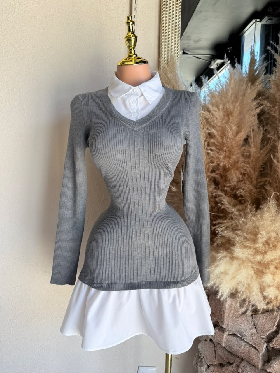 Vestido Mini Gris 2 en 1 Rib con Contraste Blanco – Vestido para Mujer 262018