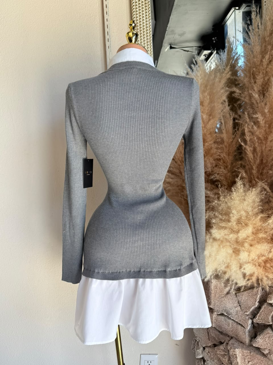 Vestido Mini Gris 2 en 1 Rib con Contraste Blanco – Vestido para Mujer 262018