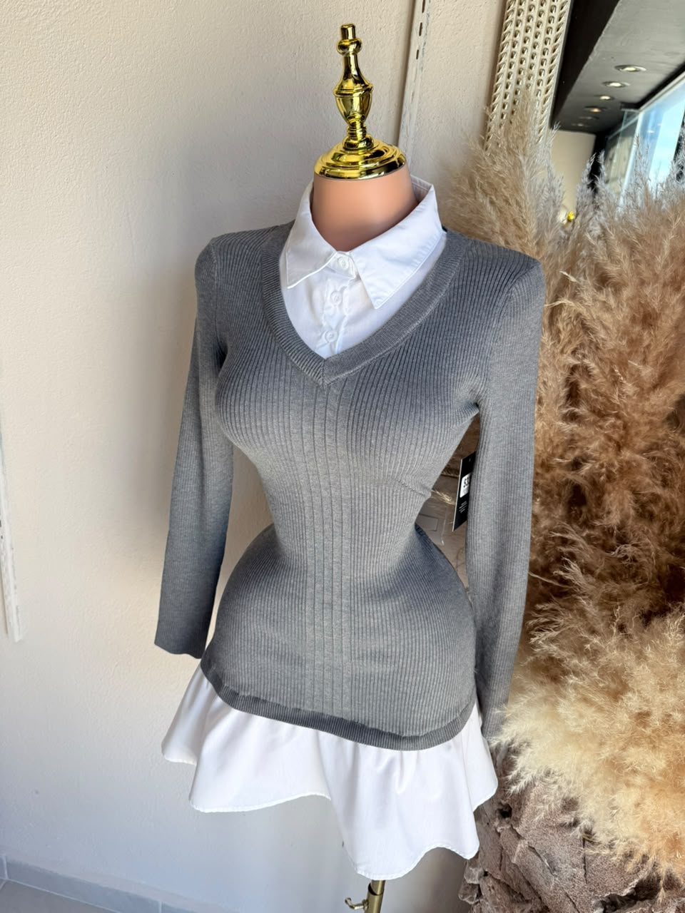 Vestido Mini Gris 2 en 1 Rib con Contraste Blanco – Vestido para Mujer 262018