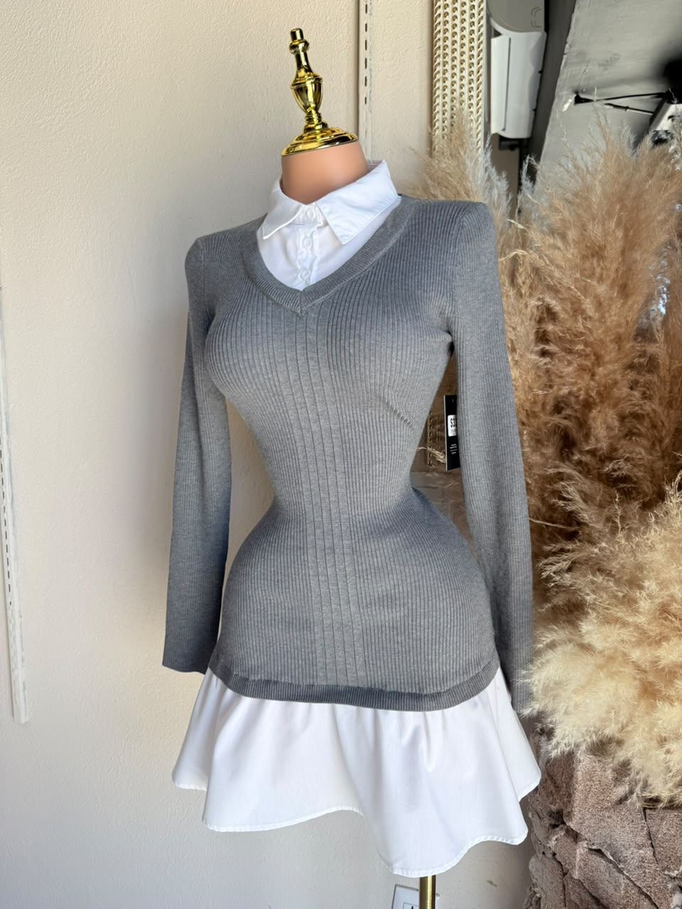 Vestido Mini Gris 2 en 1 Rib con Contraste Blanco – Vestido para Mujer 262018