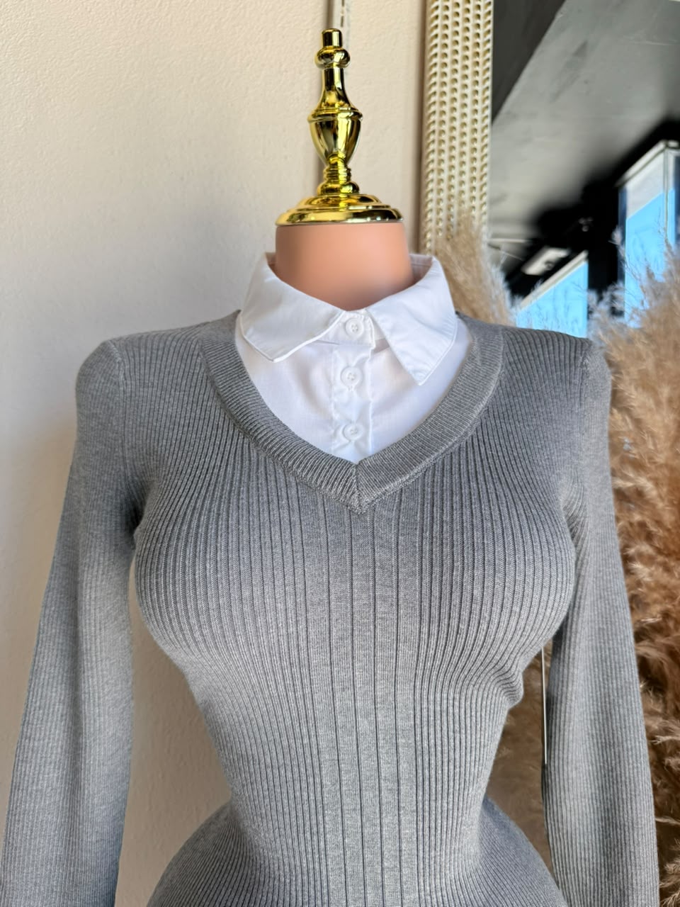 Vestido Mini Gris 2 en 1 Rib con Contraste Blanco – Vestido para Mujer 262018