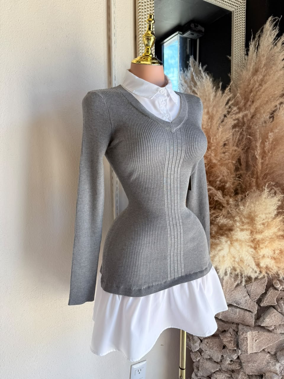 Vestido Mini Gris 2 en 1 Rib con Contraste Blanco – Vestido para Mujer 262018