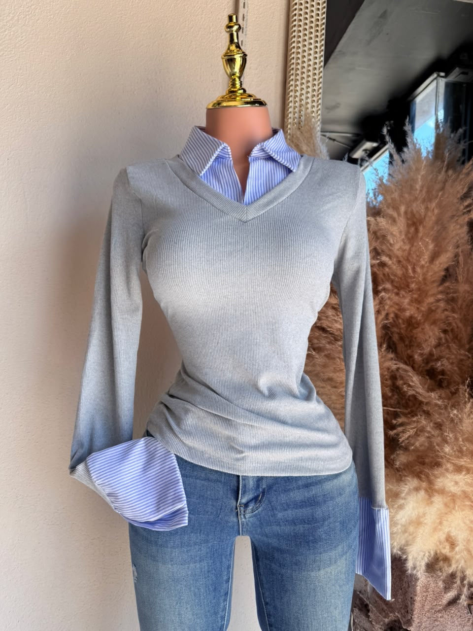 Blusa Gris 2 en 1 Rib con Contraste de Camisa a Rayas – Blusa Mujer 262020