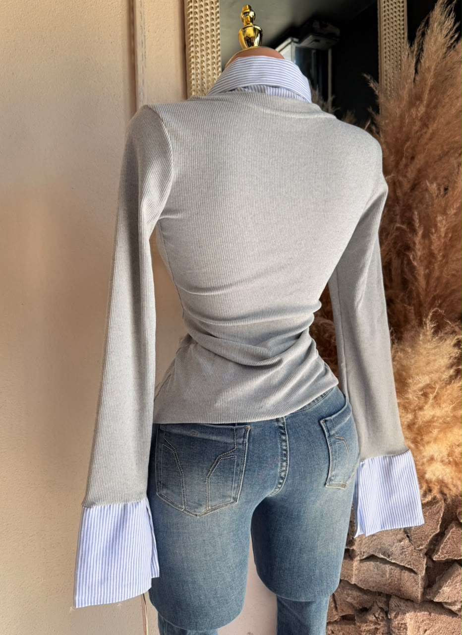 Blusa Gris 2 en 1 Rib con Contraste de Camisa a Rayas – Blusa Mujer 262020