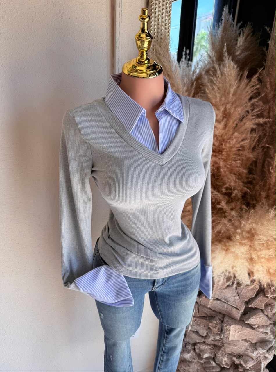 Blusa Gris 2 en 1 Rib con Contraste de Camisa a Rayas – Blusa Mujer 262020