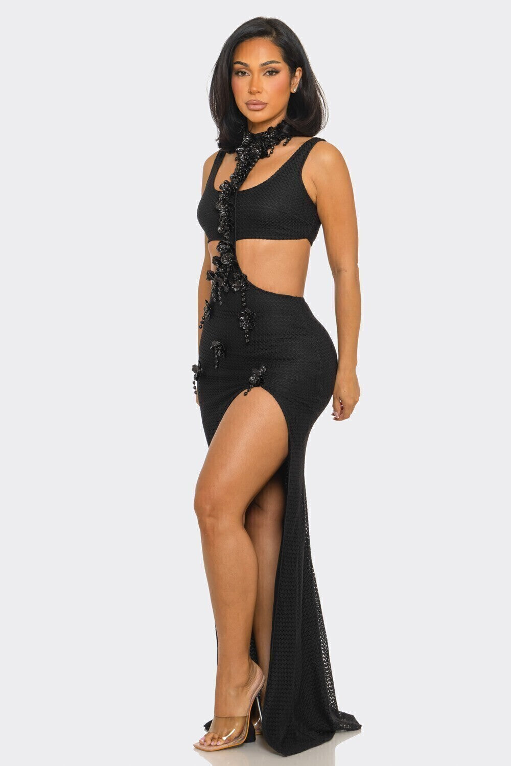 Vestido largo cut out black luxe vista frontal completa
