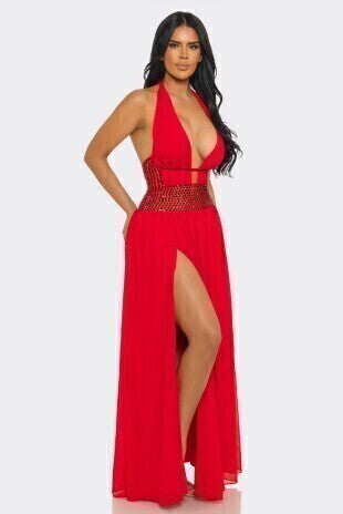 Vestido maxi espalda descubierta vista trasera elegante