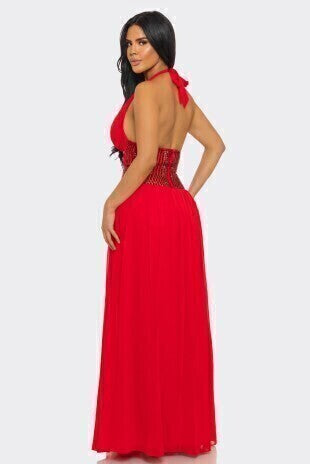 Vestido maxi escote profundo cintura decorada MB Mayte Barrera