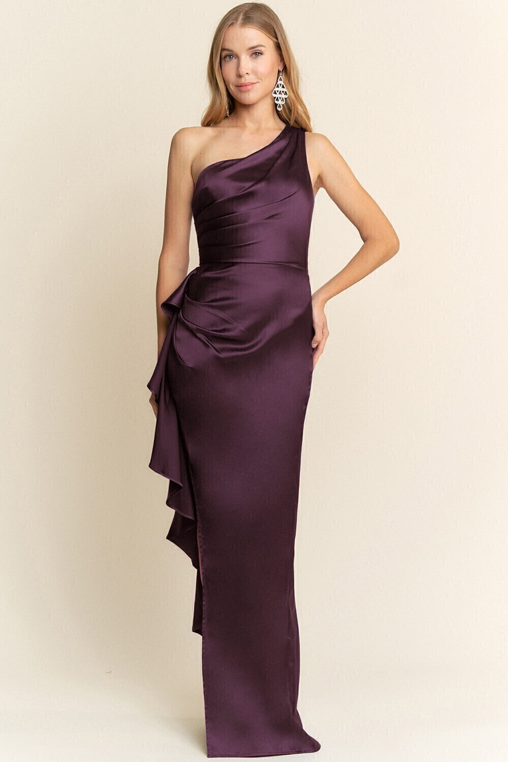 Vestido Maxi Satinado Asimétrico Púrpura 261067