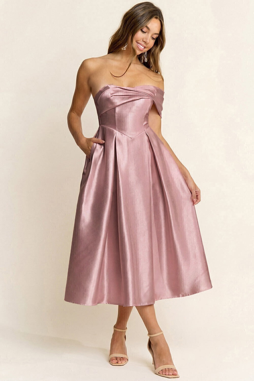 Vestido Midi de Tafetán Elegancia Rosé 261063