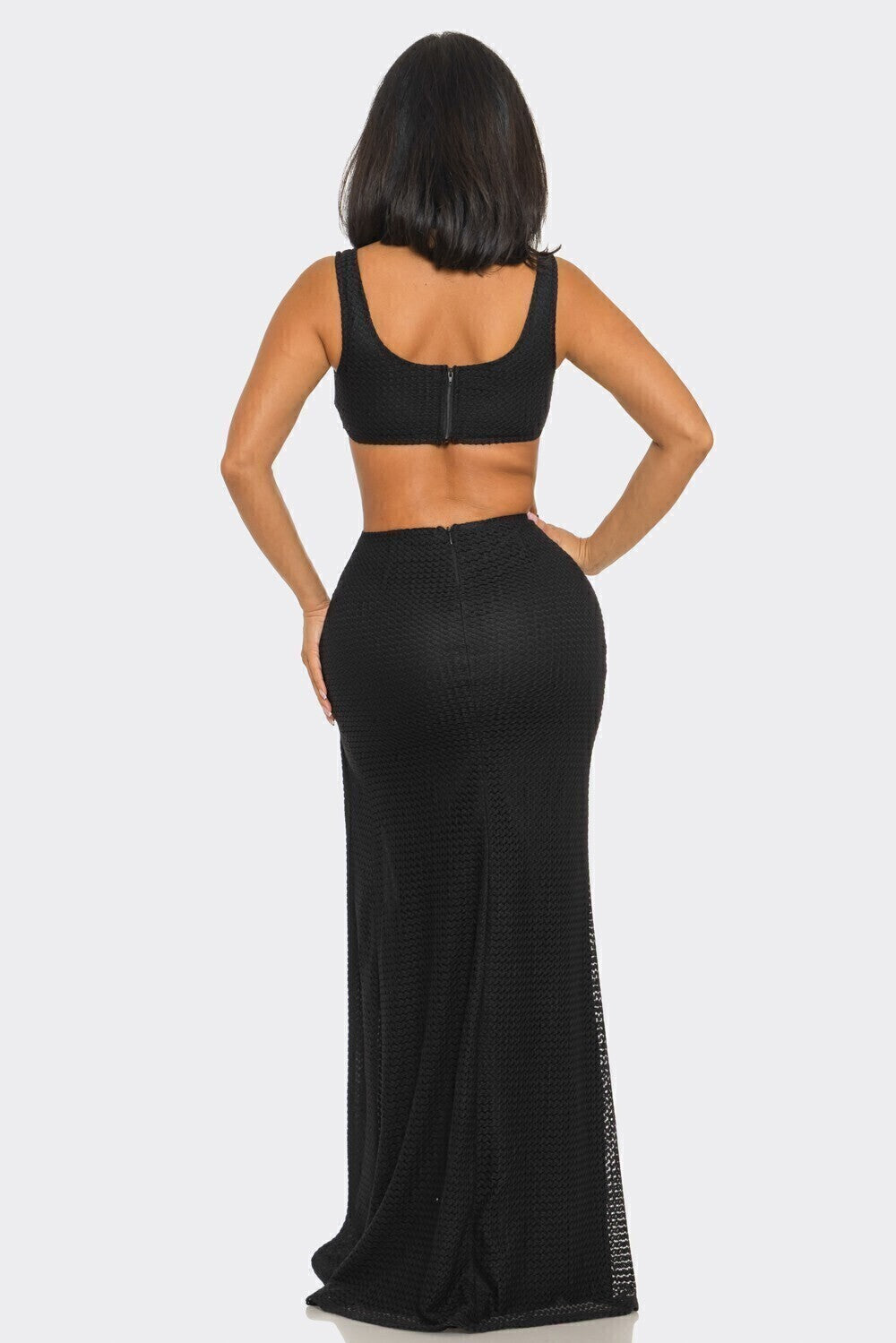 Vestido largo cut out black luxe look completo MB Mayte Barrera