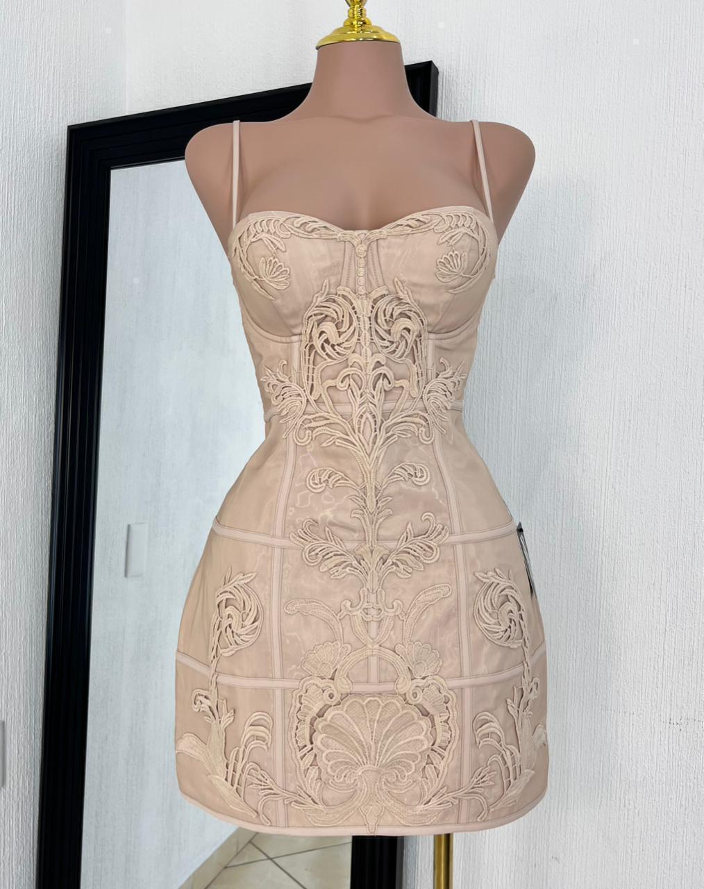 Vestido mini bordado elegancia nude vista frontal completa
