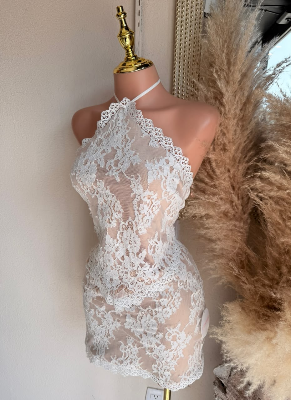 Set de Encaje Halter con Espalda Descubierta – Blanco 261292