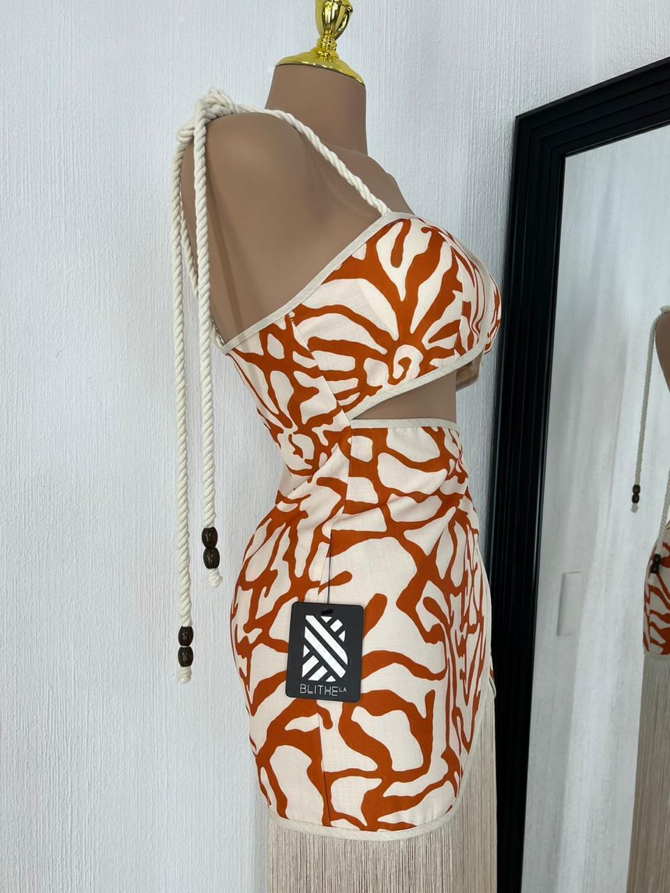 Vestido largo con flecos y estampado abstracto look completo MB Mayte Barrera