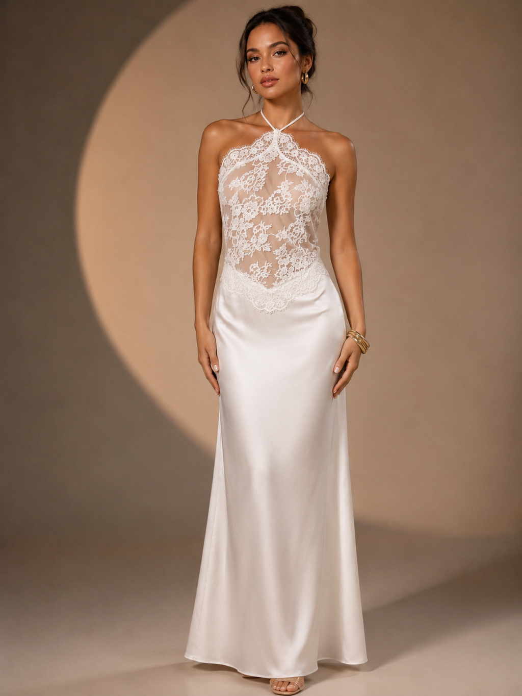 Vestido Largo Satinado con Encaje 261283