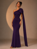 Vestido Maxi Sirena de Un Hombro con Lazo Decorativo y Caída Larga - Morado Elegante 261098