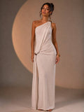 Vestido largo asimétrico drapeado vista frontal MB Mayte Barrera