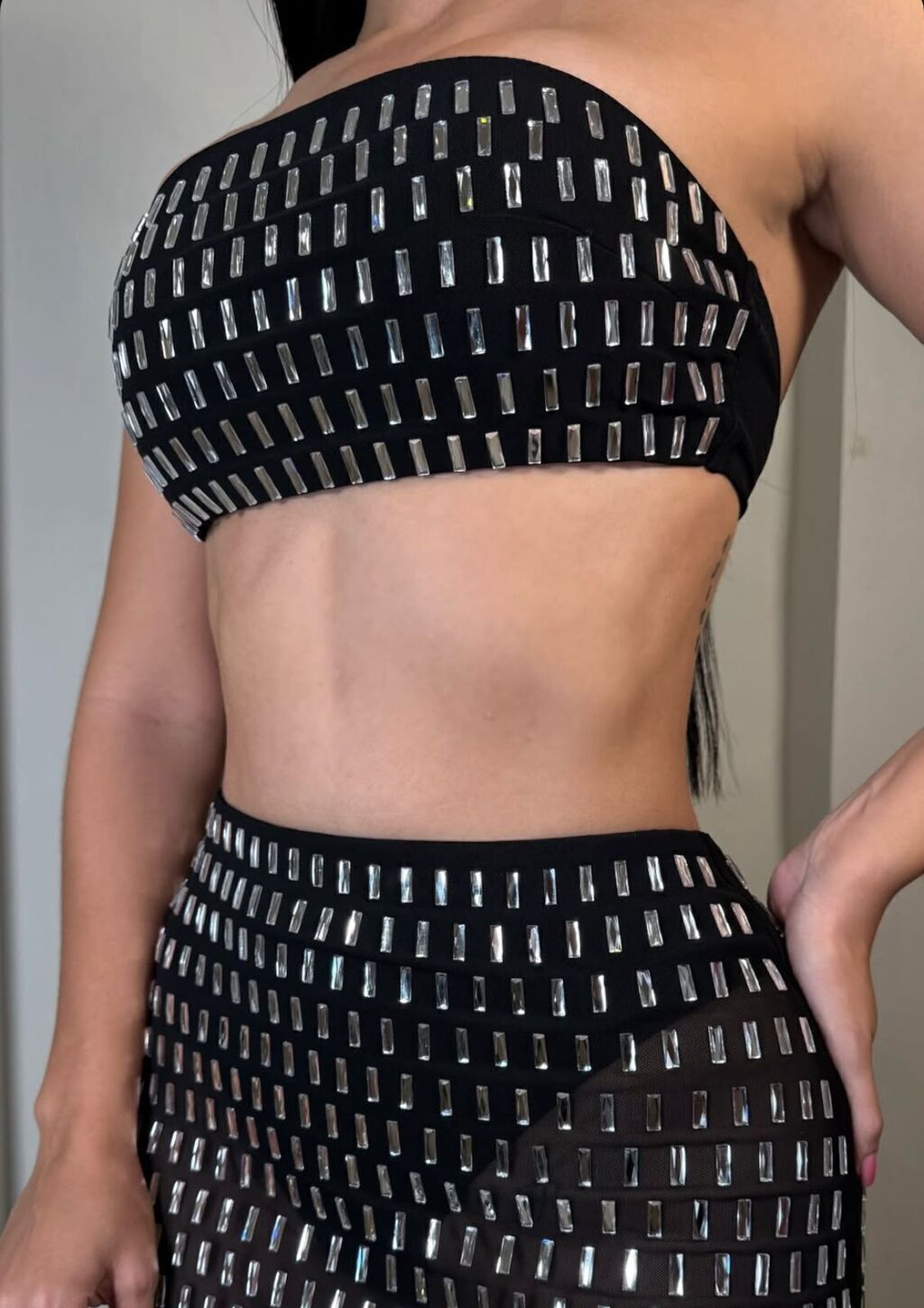 Set midnight crystal top strapless falda maxi cristales detalle