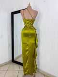 Vestido Maxi Satinado Asimétrico Verde Lima 261066