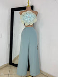 Set floral celeste couture detalle de estampado y tela